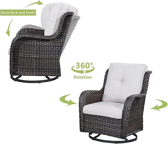HUMMUH Outdoor Swivel Rocker Wicker Patio Chairs Set of 2, Rattan Rocking Chair Furniture Set (Brown/Beige)