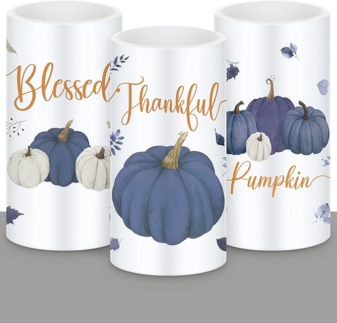 Retisee 3 Pcs Blue Pumpkin Thanksgiving Flameless LED Candles Thankful Blessed Thanksgiving Battery Operated Candles with Remote Blue Pumpkin Decor for Table Centerpiece Bedroom Harvest Decoration