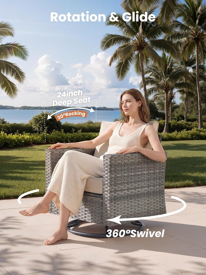 ovios 11 Piece Outdoor Patio Furniture Set with Fire Pit Table,Conversation Sectional Wicker Couch with Swivel Chairs,Modern Outside Sofa for Balcony Backyard, Grey