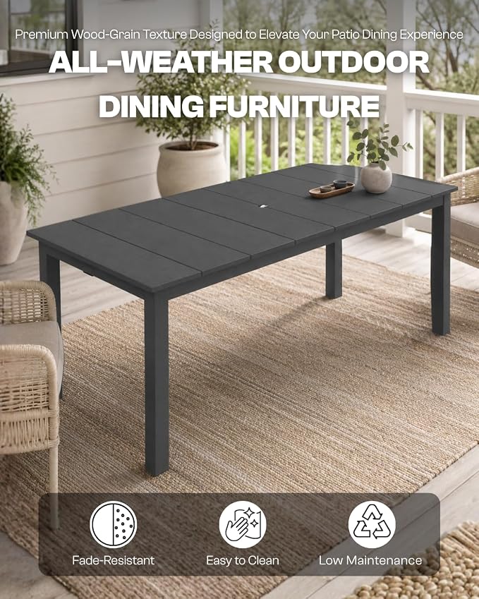 75.2" HDPE Outdoor Dining Table for 4-6 People, Rectangular Patio Dining Table with Umbrella Hole, All Weather Patio Dining Outdoor Table for Deck, Backyard and Garden, Gray