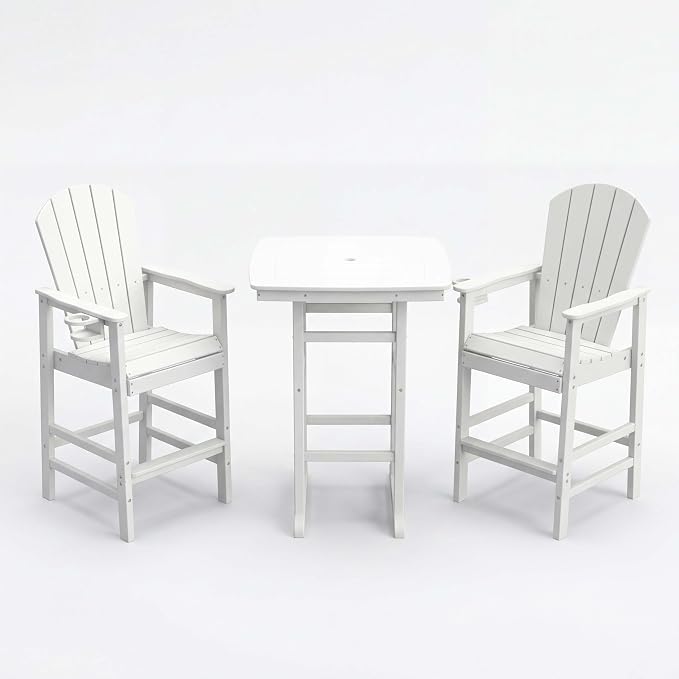WILLIAMSPACE Height Patio Bar Table Set of 3, Outdoor Square Bar Table with Umbrella Hole, 2 Bar Stools with Cup Holders, 3-Piece All-Weather Outdoor Bistro Set for Kitchen Outside (White)