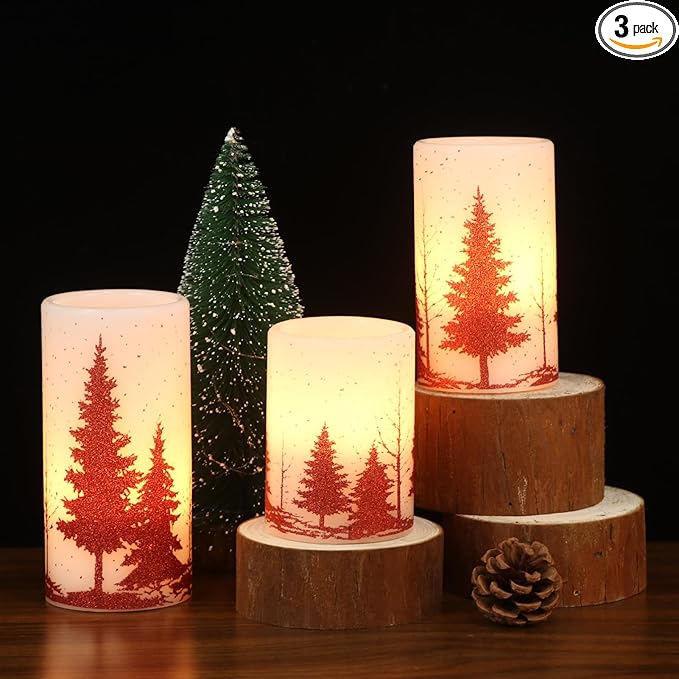 Wondise Flickering Flameless Candles with Timer, Battery Operated Real Wax Warm Light Red Christmas Tree Decal Candle for Home Decoration Christmas Gifts, Set of 3(D3 x H4/5/6 Inch)