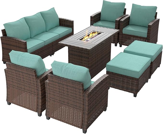 UDPATIO Patio Furniture Set with 44" Fire Pit Table, 8 Pieces Outdoor Sectional Conversation Sets, All-Weather Wicker Rattan Sofa Ottoman with 4" Thick Cushion for Garden Backyard Deck, Light Blue