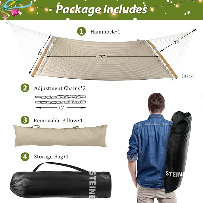 2 Person Hammock with Hanging Kits, Quilted Hammock for Tree with 2 Pcs Heavy Duty Stainless Steel S Hooks, 1 Detachable Pillow, Curved Spreader Bar,Chains, Carrying Bag,450 LBS Capacity