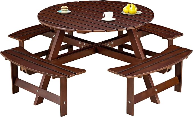 8 Person Outdoor Picnic Table, Round Dining Table with 4 Built-in Benches and Umbrella Hole, Outside Garden Backyard Table and Bench Set, 500lbs Capacity Per Bench (Brown)