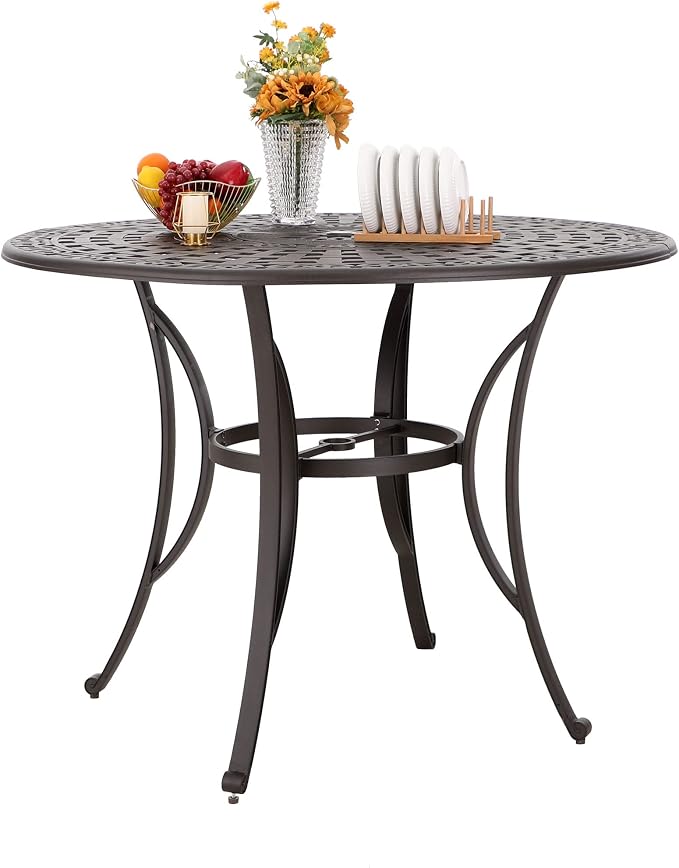 PHI VILLA Cast Aluminum Round High Bar Dining Tables for 6 Person, 54" Dia Engraved Cast-Top Aluminum Table with 2.1" Umbrella Hole, Patio Bar Height Table for Lawn Garden