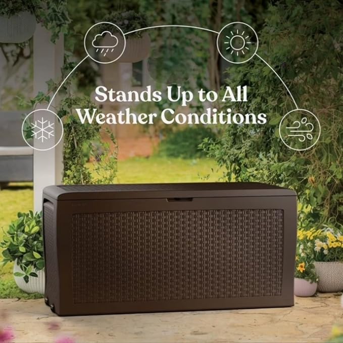 Large Resin Deck Box, 70 Gal Outdoor Storage, Rattan Style, Lockable with Wheels, (Brown, 46" L x 22.4" W x 17.7" H)