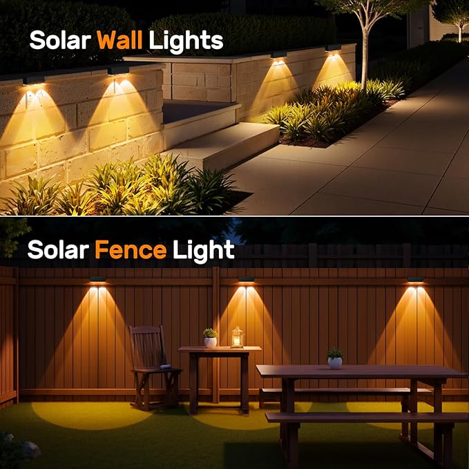 NIORSUN 12 Pack Solar Fence Lights, LED Outdoor Lights, Warm White + RGB, IP45 Waterproof, Black