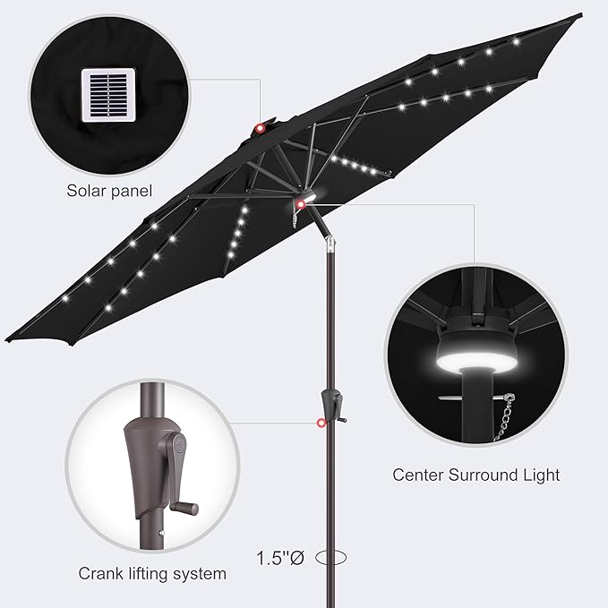 11ft Solar Umbrella Outdoor - Lighted Solar Patio Umbrella with 40 LED Lights Waterproof UV Protection, Table Umbrella with Tilt for Pool, Porch, Garden, Deck, Backyard - Black
