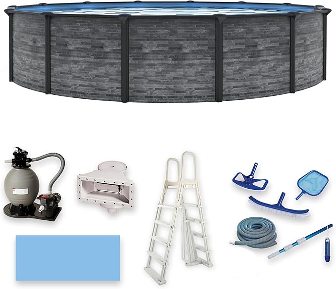 Blue Wave Marbella 18-ft Round 52-in Deep Above Ground Swimming Pool – with Steel Wall & Top Rails, Sand Filter, Overlap Liner, A-Frame Ladder & Maintenance Kit – Complete Outdoor Pool Accessories