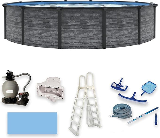 Blue Wave Marbella 18-ft Round 52-in Deep Above Ground Swimming Pool – with Steel Wall & Top Rails, Sand Filter, Overlap Liner, A-Frame Ladder & Maintenance Kit – Complete Outdoor Pool Accessories