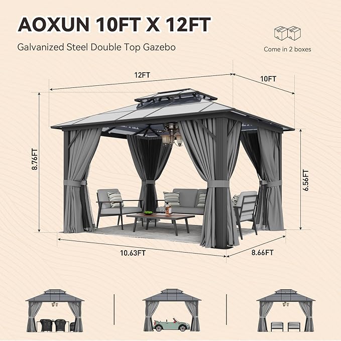 Aoxun 10'x12' Hardtop Gazebo, Outdoor Metal Gazebo with Double Polycarbonate Roof Canopy, Permanent Pavilion with Netting and Curtains for Lawn, Garden, Patio (Gray)