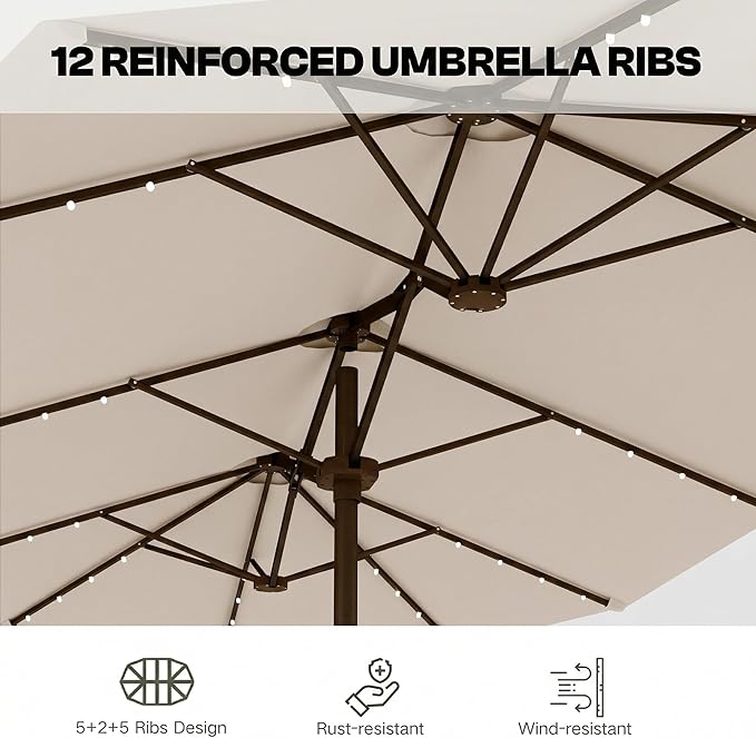 15ft Large Patio Umbrella with Solar Lights and Base, Double-Sided Outdoor Rectangle Umbrella with 48 LED Lights, Market Table Umbrellas with UV Resistant Canopy