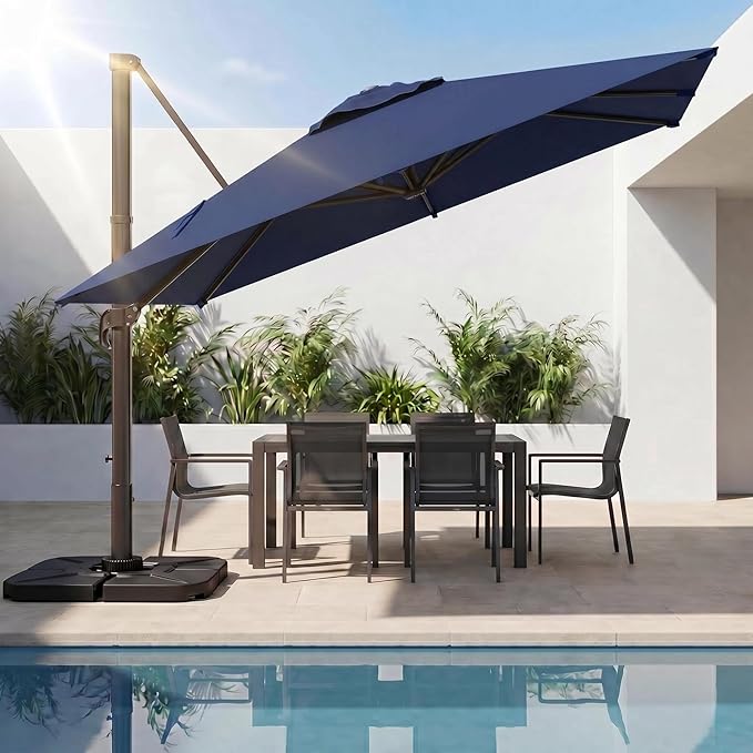 Kingdura 10x10 FT Cantilever Patio Umbrella with Base Included, Large Square Aluminum Offset Outdoor Pool Umbrella, 360° Rotation & 4-Position Tilt, UV Protection for Deck Backyard, Navy blue