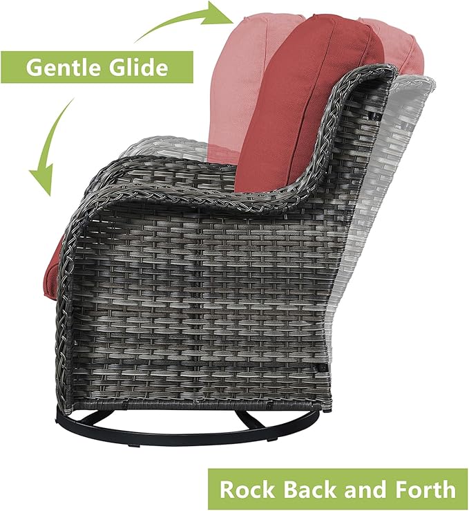 Rilyson Wicker Patio Furniture Set - 5 Piece Rattan Outdoor Sectional Conversation Sets with 2 Rocking Swivel Chairs,2 Ottomans and 1 Sofa for Porch Deck Garden(Mixed Grey/Red)