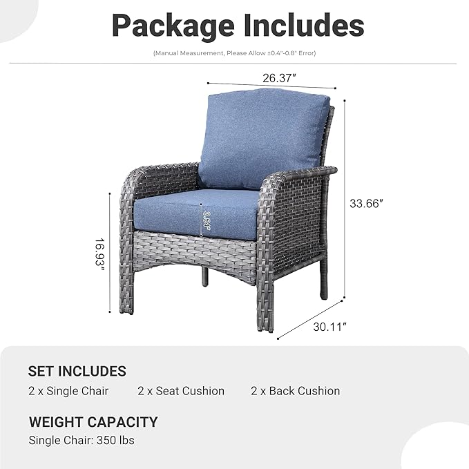 ovios 2-Piece Patio Furniture Set, Outdoor Wicker Sofa with Chairs, High Back Rattan Chair with Comfy Cushions for Porch Yard Deck, Denim Blue