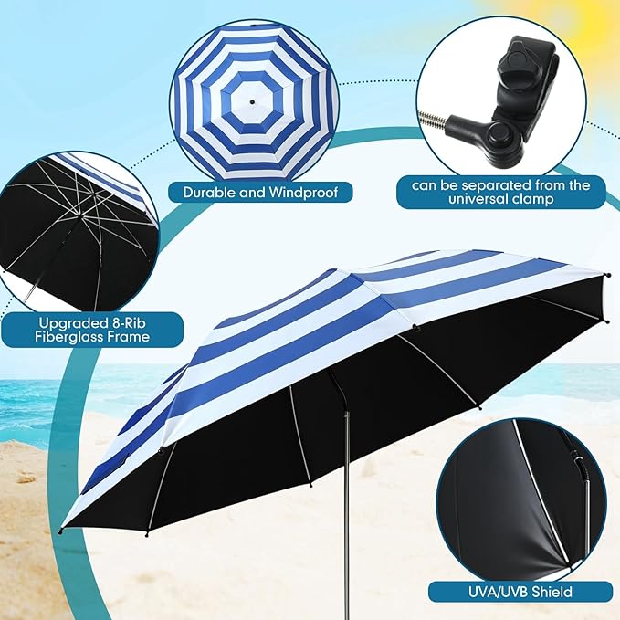 2 Pcs Beach Umbrella with Clamp UV Protection 48 Inch Adjustable Umbrellas for Chair with 360° Universal Clamps for Beach Camping Stroller Wheelchair, Chair Not Included(Blue Stripes)