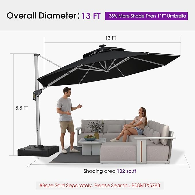 PURPLE LEAF 13ft Patio Umbrella with Lights Outdoor Round Large Cantilever Umbrella Solar Powered LED Windproof Offset Umbrella Heavy Duty for Garden Deck Pool Patio, Black