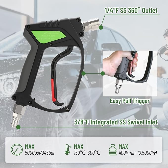 Pressure Washer Gun – 5000 PSI Stubby Power Washer Handle with Smooth 360°3/8" Swivel, 1/4" Quick Connector with M22-14mm/M22-15mm Adapters,Lightweight and Small,Easy to Use on Washing Car