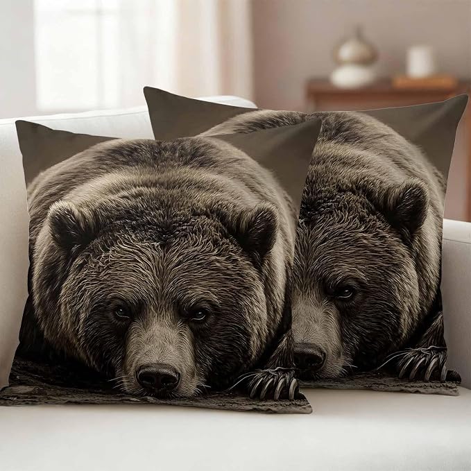 Waterproof Pillow Covers Set of 2,Rustic Brown Grizzly Bear Outdoor Pillow Protectors with Zipper Pillowcases for Patio Tent Garden Beach 20x20 Inches Abstract Forest Wildlife Animal