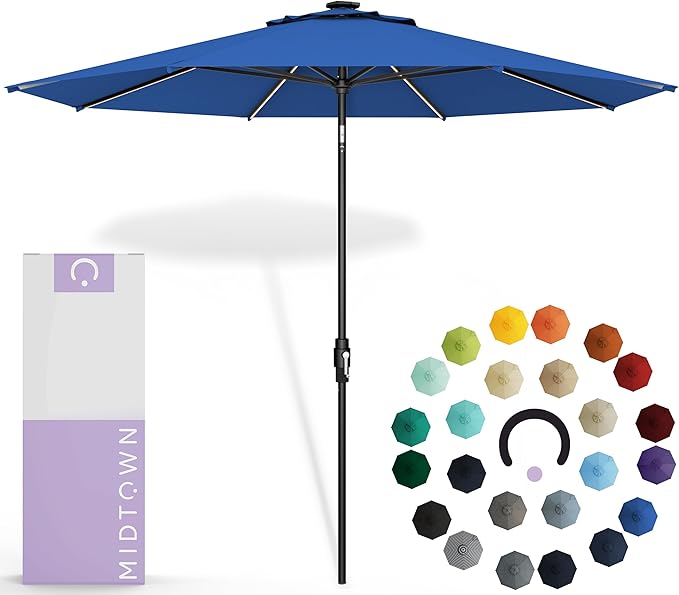 Midtown Umbrellas Led Swilt Sunbrella Umbrella, 8 Foot Patio Umbrella In Sunbrella Dark Blue Acrylic Fabric - Deck Patio Umbrella, Backyard Umbrella, Garden Umbrella & Pool Umbrella - Black Pole