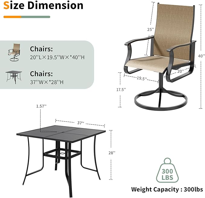 UDPATIO 5 Piece Outdoor Patio Table and Chairs Set with 37" Square Table & 4 Outdoor Swivel Patio Chairs with All Weather, Patio Table with Chairs, Outdoor Patio Dining Set for Lawn, Backyard