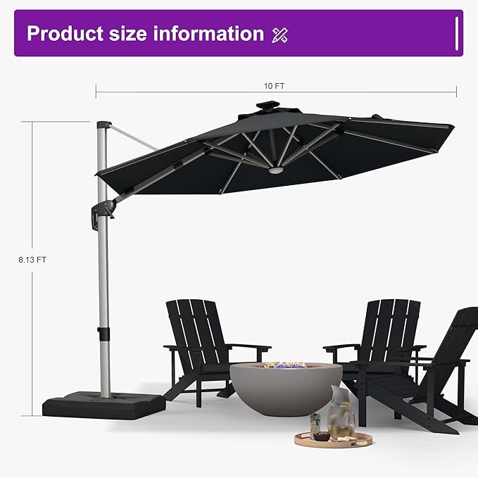 PURPLE LEAF 10ft Patio Umbrella with Lights Outdoor Round Cantilever Solar Powered LED Umbrella with 360-degree Rotation for Garden Deck Pool Patio, Black