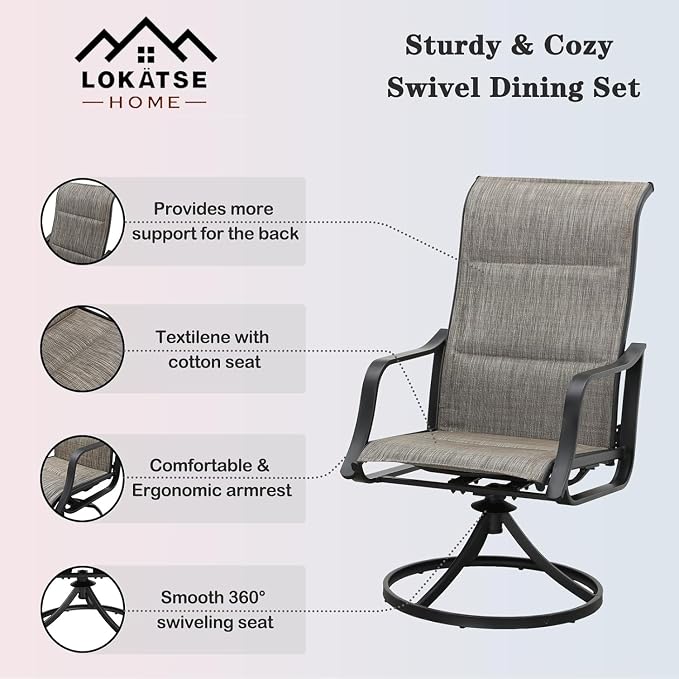 LOKATSE HOME Patio Chairs Set of 2, Outdoor Swivel Rocker Dining Chairs with Breathable Fabric and Powder Coated Steel Frame for Porch Balcony, Grey