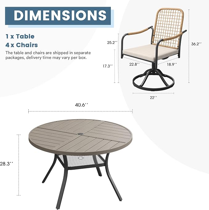 DIFY 5 Pieces Outdoor Dining Set, Metal Patio Table and Chairs Set for 4, 40.6" Round Dining Table with Umbrella Hole & Wicker Swivel Patio Chairs with Cushions, Grey Wood-Like Tabletop