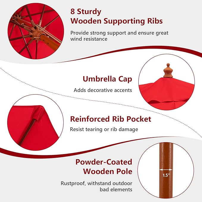 Tangkula 9.5 FT Red Wooden Pulley Umbrella with 8 Fiberglass Ribs, Rope Pulley Mechanism, and Vented Canopy for Patio, Deck, Poolside, Garden, Lawn, Terrace