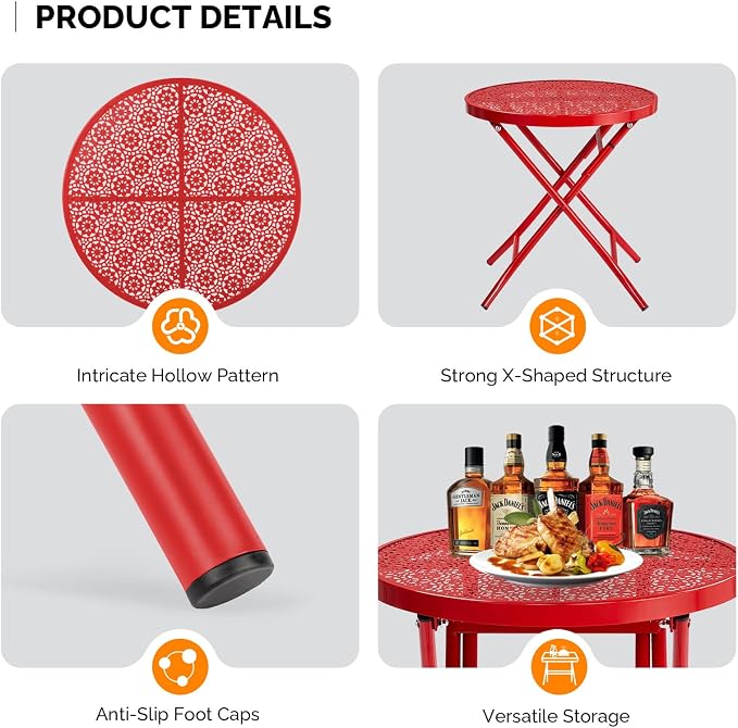 VINGLI Outdoor Folding Side Table with Chic Hollow Pattern and Durable, Rust-Resistant Coated Iron Patio Bistro Table Suitable for Indoor & Outdoor Porch, Deck, Balcony and Pool,Red