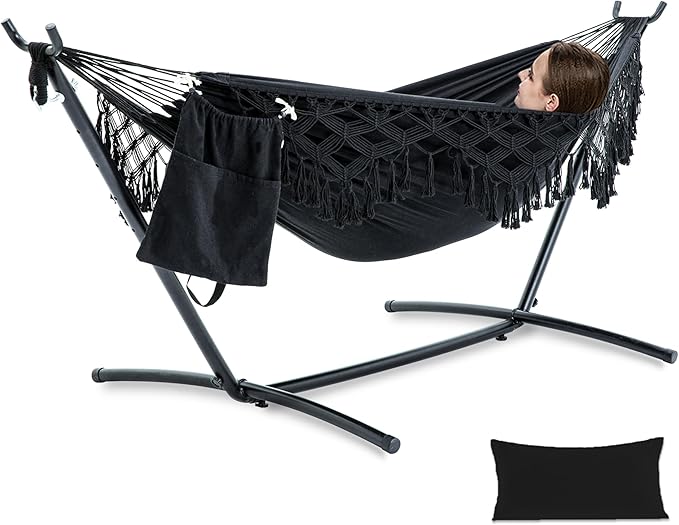 PNAEUT Handmade Tassel Hammocks, Double Hammock with Stand for Outside Indoor Outdoor, Max 450 lbs Capacity, Pillow & Storage Bag Included (Black)