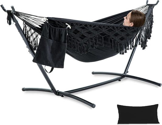 PNAEUT Handmade Tassel Hammocks, Double Hammock with Stand for Outside Indoor Outdoor, Max 450 lbs Capacity, Pillow & Storage Bag Included (Black)