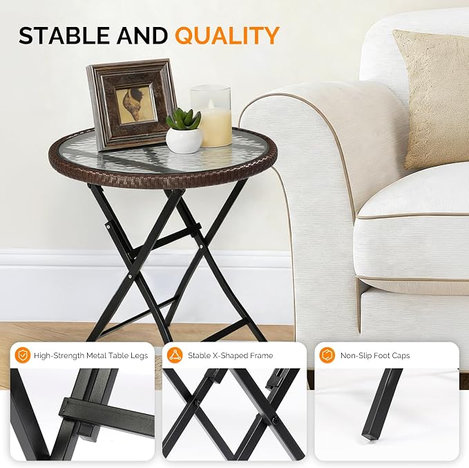 VINGLI 23.6in Modern Brown Rattan Folding Glass Outdoor Side Table, Small Patio Table with Tempered Glass Top,Round,1 Pack