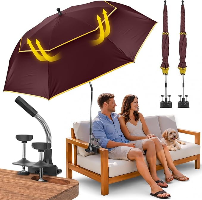 Chair Umbrella with Clamp,2PACK 53 inches Double Canopy Beach Chair Umbrella with Universal Clamp,50+ UV Protection,360° Swivel,Folding Clip on Sun Umbrellas for Table,Camping,Bench Chairs,Golf Cart