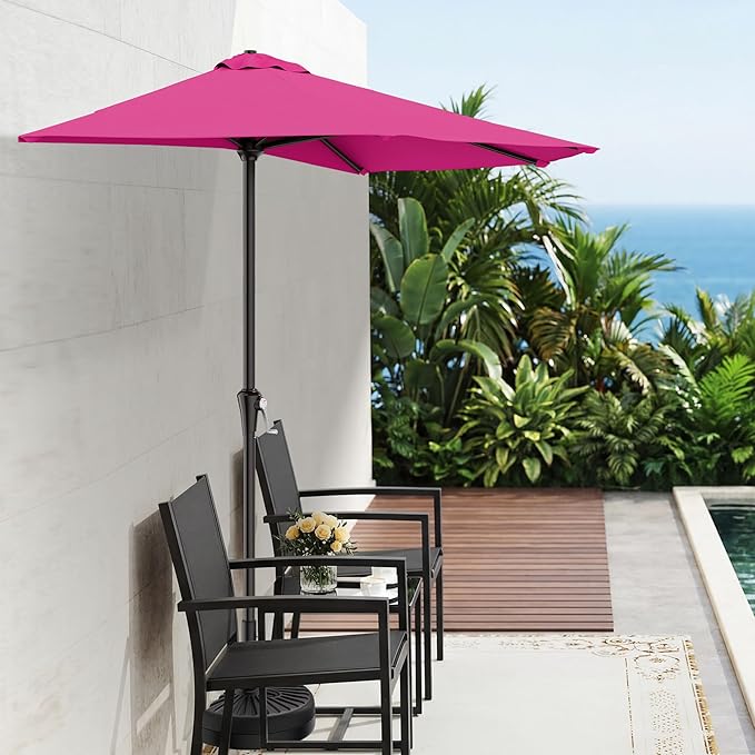 AreShark 9FT Half Patio Umbrella, Outdoor Wall Umbrella with Crank & 5 Sturdy Ribs, Table 1/2 Umbrella Patio for Garden, Deck, Balcony and Pool, Rose Pink