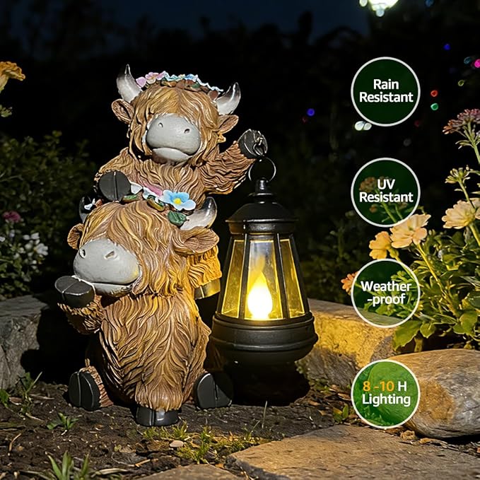 Solar Garden Outdoor Statues Lantern Figurines Light Decorations for Outdoor Patio Balcony Yard Lawn, Ideal Gifts for Mom Friends (Brown - Cow)