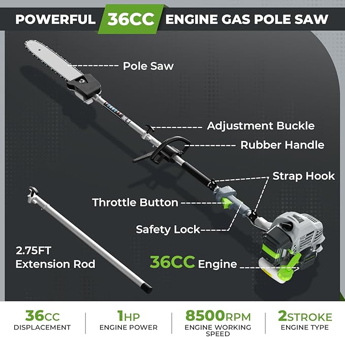 36CC Gas Powered Pole Saw, 2 Stroke Powerful Gas Pole Saw with 10" Guide Bar, 6 to 8.7FT Extendable Long Reach Saw Chainsaw with Safety Lock & Shoulder Strap for Tree Trimming Pruning