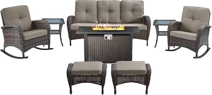 Belord Patio Furniture Set with Fire Pit Table - 8 Piece Outdoor Wicker Furniture Set with 43" 50000 BTU Propane Fire Pit and Rocking Chairs Patio Conversation Set for Deck Outside Backyard Grey