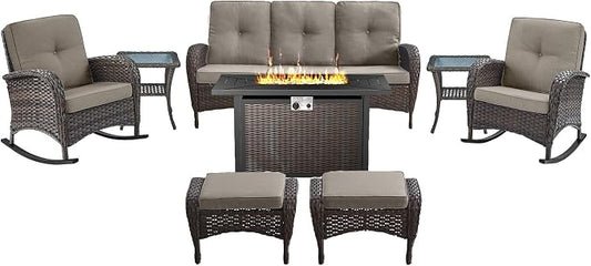 Belord Patio Furniture Set with Fire Pit Table - 8 Piece Outdoor Wicker Furniture Set with 43" 50000 BTU Propane Fire Pit and Rocking Chairs Patio Conversation Set for Deck Outside Backyard Grey