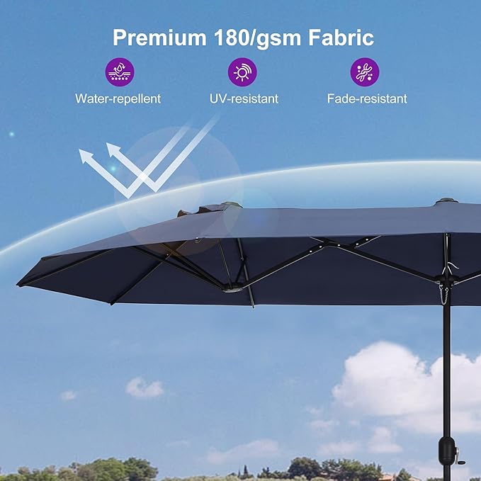 PURPLE LEAF 13ft Patio Market Umbrella with Base Double-Sided Rectangle Outdoor Table Sun Umbrellas with Crank 12 Heavy Duty Sturdy Ribs for Pool Beach Deck Backyard Navy Blue