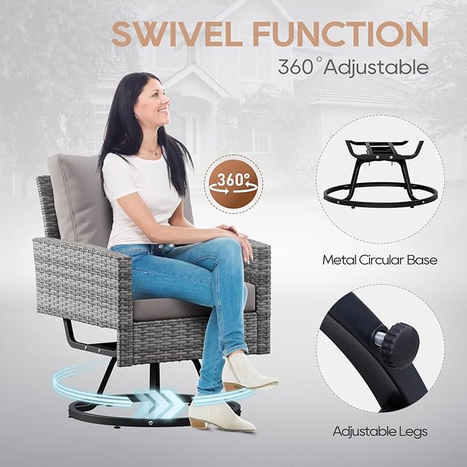 6 Piece Outdoor Furniture Set, Rattan Patio Furniture with 2 Swivel Chairs, 3-Seat Sofa, 2 Ottoman & Side Table, All-Weather Conversation Set for Porch Garden Lawn Balcony (Gray & Gray)