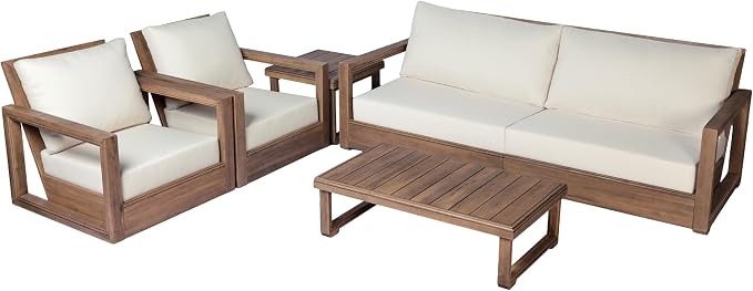 Christopher Knight Home 4-Piece Patio Furniture Set, Outdoor Acacia Wood 3-Seater Patio Sofa Set with 2 Swivel Rocking Chairs & Coffee Table, Deep Seating Patio Set for Porch Deck Garden, Brown+Beige