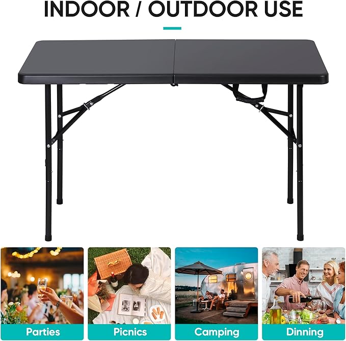 ZENY 4ft Portable Folding Table Plastic Indoor Outdoor Picnic Party Camp Dining Table with Handle, Black