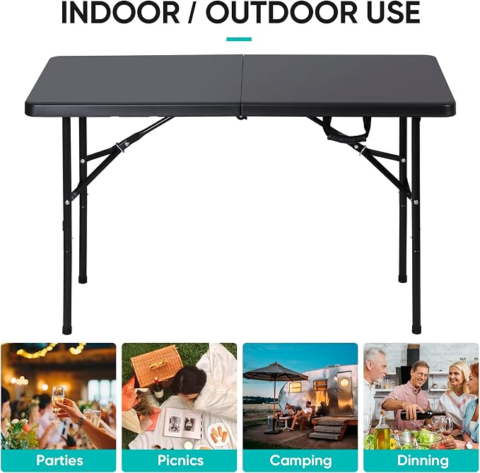 ZenStyle 4ft Heavy Duty Folding Table - Plastic Top & Steel Legs, Indoor Outdoor Utility Table w/Carry Handle for Camping, Parties, BBQs (Black)