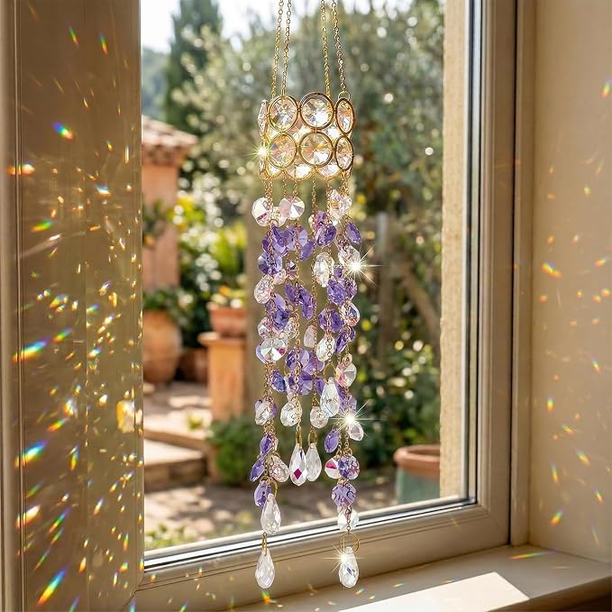 Crystal Suncatchers for Window Hanging Decor, Prism Rainbow Maker with Chain & Hook, Ornament for Ceiling, Garden, Home, Indoor & Outdoor Decoration, Purple