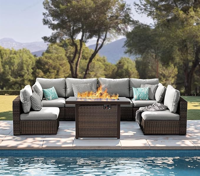 Patio Furniture Set,7 Piece Patio Furniture Set with Fire Pit Table,PE Wicker Rattan Sectional Sofa Patio Conversation Set with Thickened Cushions, Grey