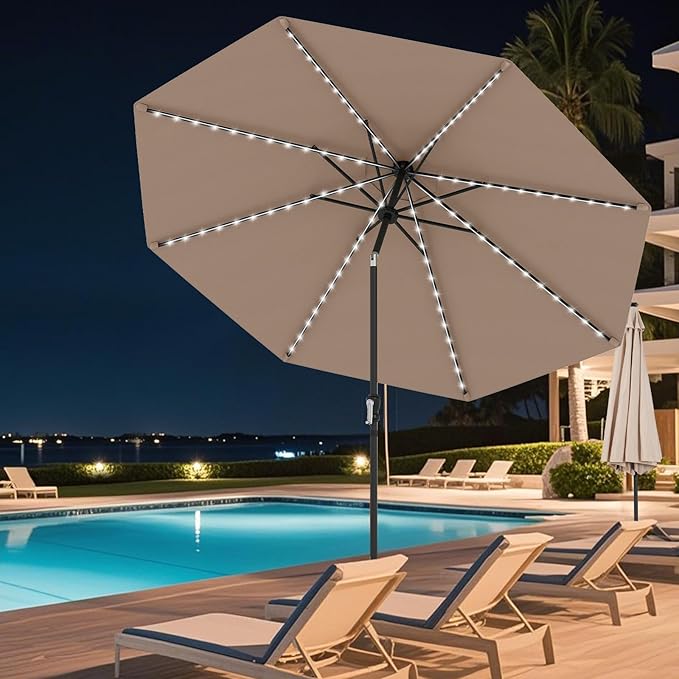 Tangkula 10 FT Solar Patio Umbrella, Outdoor Market Table Umbrella with 96 Multi-Colored Flowing LED Lights, 9 Modes, Tilt Adjustment, Crank Handle, 8 Ribs, Vented Top for Backyard Poolside Deck Lawn (Tan)