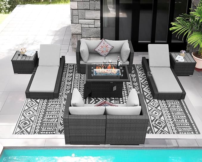 NICESOUL 9 Piece Patio Furniture Set wtih Firepit, Extra-Large Outdoor Sectional with Chaise Lounge, Comfy 29.3'' High-Back Backyard Seating, All-Weather Couch Set, Modular Sofa for Garden, Light Grey