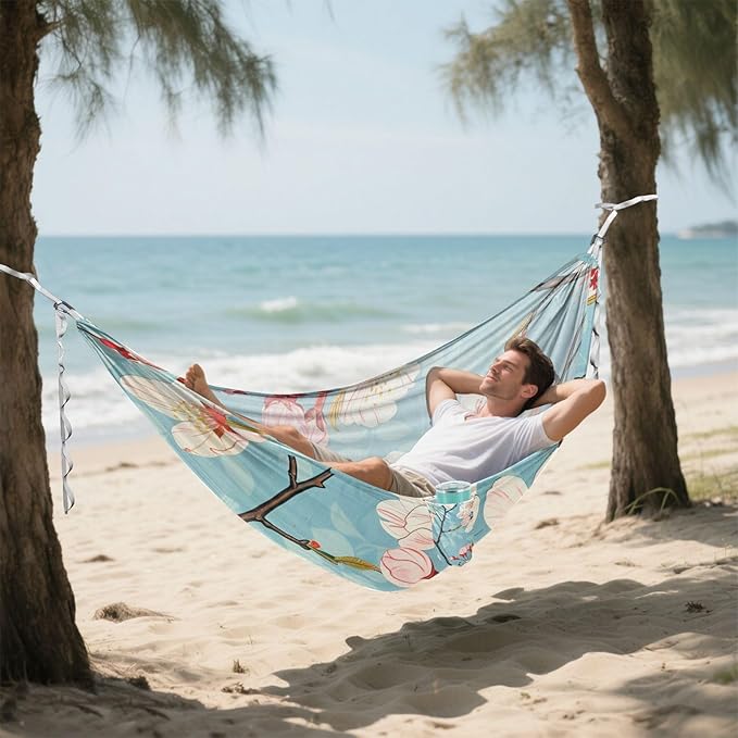 Japanese Cherry Pink Blossom 330lb Capacity Outdoor Hammock with Tree Straps Swing Hammock for Outside Patio Garden Silla colgante para Patio Exterior